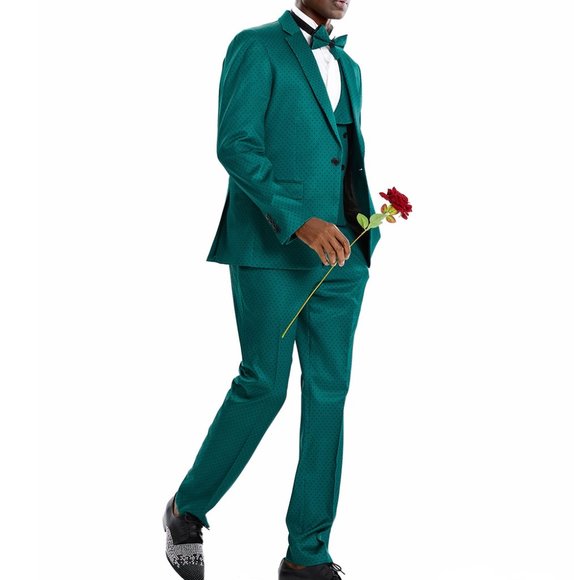 Emerald Polka Dot Notch Lapel 3 Piece Skinny Fit Tazzio Men's Suit